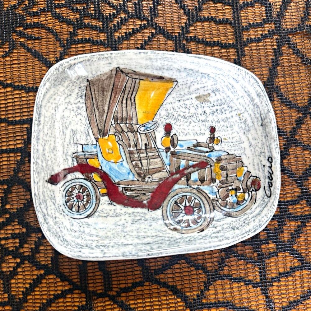 Vintage Signed Ceramic Trinket Dish Antique Automobile Car Art Pottery